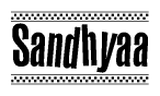 The image is a black and white clipart of the text Sandhyaa in a bold, italicized font. The text is bordered by a dotted line on the top and bottom, and there are checkered flags positioned at both ends of the text, usually associated with racing or finishing lines.