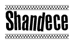 The image contains the text Shandece in a bold, stylized font, with a checkered flag pattern bordering the top and bottom of the text.