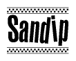 The image contains the text Sandip in a bold, stylized font, with a checkered flag pattern bordering the top and bottom of the text.