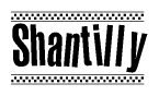 The clipart image displays the text Shantilly in a bold, stylized font. It is enclosed in a rectangular border with a checkerboard pattern running below and above the text, similar to a finish line in racing. 