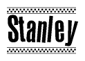 The image is a black and white clipart of the text Stanley in a bold, italicized font. The text is bordered by a dotted line on the top and bottom, and there are checkered flags positioned at both ends of the text, usually associated with racing or finishing lines.