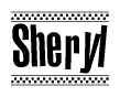 The image contains the text Sheryl in a bold, stylized font, with a checkered flag pattern bordering the top and bottom of the text.