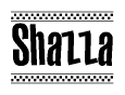 The image contains the text Shazza in a bold, stylized font, with a checkered flag pattern bordering the top and bottom of the text.