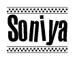 The clipart image displays the text Soniya in a bold, stylized font. It is enclosed in a rectangular border with a checkerboard pattern running below and above the text, similar to a finish line in racing. 