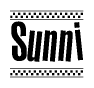 The image is a black and white clipart of the text Sunni in a bold, italicized font. The text is bordered by a dotted line on the top and bottom, and there are checkered flags positioned at both ends of the text, usually associated with racing or finishing lines.