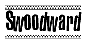 The image is a black and white clipart of the text Swoodward in a bold, italicized font. The text is bordered by a dotted line on the top and bottom, and there are checkered flags positioned at both ends of the text, usually associated with racing or finishing lines.