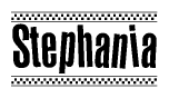 The image is a black and white clipart of the text Stephania in a bold, italicized font. The text is bordered by a dotted line on the top and bottom, and there are checkered flags positioned at both ends of the text, usually associated with racing or finishing lines.
