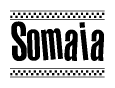 The image contains the text Somaia in a bold, stylized font, with a checkered flag pattern bordering the top and bottom of the text.
