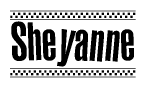 The image is a black and white clipart of the text Sheyanne in a bold, italicized font. The text is bordered by a dotted line on the top and bottom, and there are checkered flags positioned at both ends of the text, usually associated with racing or finishing lines.
