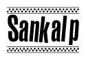 The image is a black and white clipart of the text Sankalp in a bold, italicized font. The text is bordered by a dotted line on the top and bottom, and there are checkered flags positioned at both ends of the text, usually associated with racing or finishing lines.