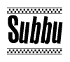 The image is a black and white clipart of the text Subbu in a bold, italicized font. The text is bordered by a dotted line on the top and bottom, and there are checkered flags positioned at both ends of the text, usually associated with racing or finishing lines.