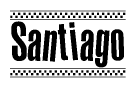 The image contains the text Santiago in a bold, stylized font, with a checkered flag pattern bordering the top and bottom of the text.