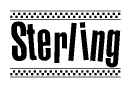 The clipart image displays the text Sterling in a bold, stylized font. It is enclosed in a rectangular border with a checkerboard pattern running below and above the text, similar to a finish line in racing. 