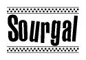 The clipart image displays the text Sourgal in a bold, stylized font. It is enclosed in a rectangular border with a checkerboard pattern running below and above the text, similar to a finish line in racing. 