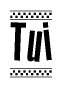 The image is a black and white clipart of the text Tui in a bold, italicized font. The text is bordered by a dotted line on the top and bottom, and there are checkered flags positioned at both ends of the text, usually associated with racing or finishing lines.