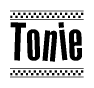 The clipart image displays the text Tonie in a bold, stylized font. It is enclosed in a rectangular border with a checkerboard pattern running below and above the text, similar to a finish line in racing. 
