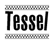 The clipart image displays the text Tessel in a bold, stylized font. It is enclosed in a rectangular border with a checkerboard pattern running below and above the text, similar to a finish line in racing. 