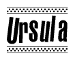 The clipart image displays the text Ursula in a bold, stylized font. It is enclosed in a rectangular border with a checkerboard pattern running below and above the text, similar to a finish line in racing. 