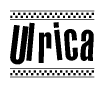 The image is a black and white clipart of the text Ulrica in a bold, italicized font. The text is bordered by a dotted line on the top and bottom, and there are checkered flags positioned at both ends of the text, usually associated with racing or finishing lines.