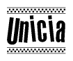 The image contains the text Unicia in a bold, stylized font, with a checkered flag pattern bordering the top and bottom of the text.