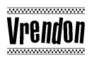 The image contains the text Vrendon in a bold, stylized font, with a checkered flag pattern bordering the top and bottom of the text.