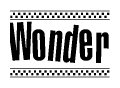 The image is a black and white clipart of the text Wonder in a bold, italicized font. The text is bordered by a dotted line on the top and bottom, and there are checkered flags positioned at both ends of the text, usually associated with racing or finishing lines.
