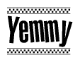 The image is a black and white clipart of the text Yemmy in a bold, italicized font. The text is bordered by a dotted line on the top and bottom, and there are checkered flags positioned at both ends of the text, usually associated with racing or finishing lines.