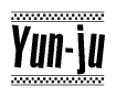 The clipart image displays the text Yun-ju in a bold, stylized font. It is enclosed in a rectangular border with a checkerboard pattern running below and above the text, similar to a finish line in racing. 