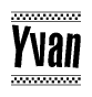 The image contains the text Yvan in a bold, stylized font, with a checkered flag pattern bordering the top and bottom of the text.