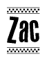 The image contains the text Zac in a bold, stylized font, with a checkered flag pattern bordering the top and bottom of the text.