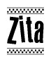 The image contains the text Zita in a bold, stylized font, with a checkered flag pattern bordering the top and bottom of the text.