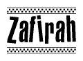 The image contains the text Zafirah in a bold, stylized font, with a checkered flag pattern bordering the top and bottom of the text.