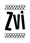 The image contains the text Zvi in a bold, stylized font, with a checkered flag pattern bordering the top and bottom of the text.