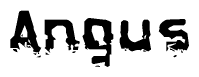 This nametag says Angus, and has a static looking effect at the bottom of the words. The words are in a stylized font.
