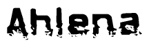 This nametag says Ahlena, and has a static looking effect at the bottom of the words. The words are in a stylized font.