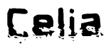 This nametag says Celia, and has a static looking effect at the bottom of the words. The words are in a stylized font.