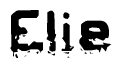 This nametag says Elie, and has a static looking effect at the bottom of the words. The words are in a stylized font.