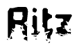 This nametag says Ritz, and has a static looking effect at the bottom of the words. The words are in a stylized font.