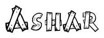 The clipart image shows the name Ashar stylized to look like it is constructed out of separate wooden planks or boards, with each letter having wood grain and plank-like details.