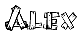 The clipart image shows the name Alex stylized to look as if it has been constructed out of wooden planks or logs. Each letter is designed to resemble pieces of wood.