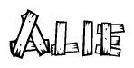 The image contains the name Alie written in a decorative, stylized font with a hand-drawn appearance. The lines are made up of what appears to be planks of wood, which are nailed together