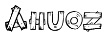The image contains the name Ahuoz written in a decorative, stylized font with a hand-drawn appearance. The lines are made up of what appears to be planks of wood, which are nailed together