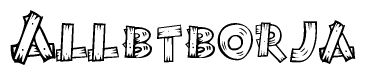 The image contains the name Allbtborja written in a decorative, stylized font with a hand-drawn appearance. The lines are made up of what appears to be planks of wood, which are nailed together