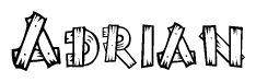 The image contains the name Adrian written in a decorative, stylized font with a hand-drawn appearance. The lines are made up of what appears to be planks of wood, which are nailed together