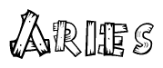 The image contains the name Aries written in a decorative, stylized font with a hand-drawn appearance. The lines are made up of what appears to be planks of wood, which are nailed together