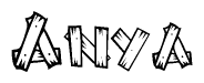 The image contains the name Anya written in a decorative, stylized font with a hand-drawn appearance. The lines are made up of what appears to be planks of wood, which are nailed together