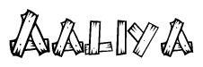 The image contains the name Aaliya written in a decorative, stylized font with a hand-drawn appearance. The lines are made up of what appears to be planks of wood, which are nailed together