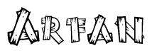 The image contains the name Arfan written in a decorative, stylized font with a hand-drawn appearance. The lines are made up of what appears to be planks of wood, which are nailed together