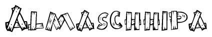 The image contains the name Almaschhipa written in a decorative, stylized font with a hand-drawn appearance. The lines are made up of what appears to be planks of wood, which are nailed together