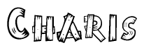 The image contains the name Charis written in a decorative, stylized font with a hand-drawn appearance. The lines are made up of what appears to be planks of wood, which are nailed together